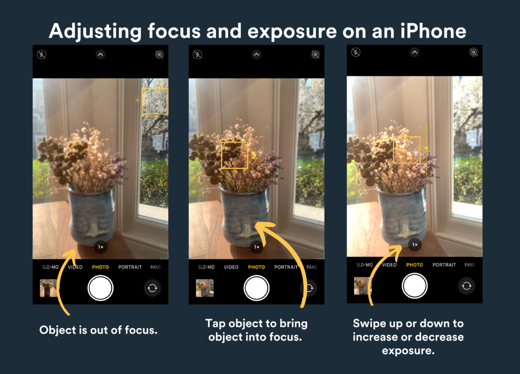 To adjust focus and exposure on an iPhone, tap your screen on the subject you would like in focus. Once you have tapped and brought the subject into focus, you can swipe up or down to adjust the light exposure. This will help improve your video for policy communications.